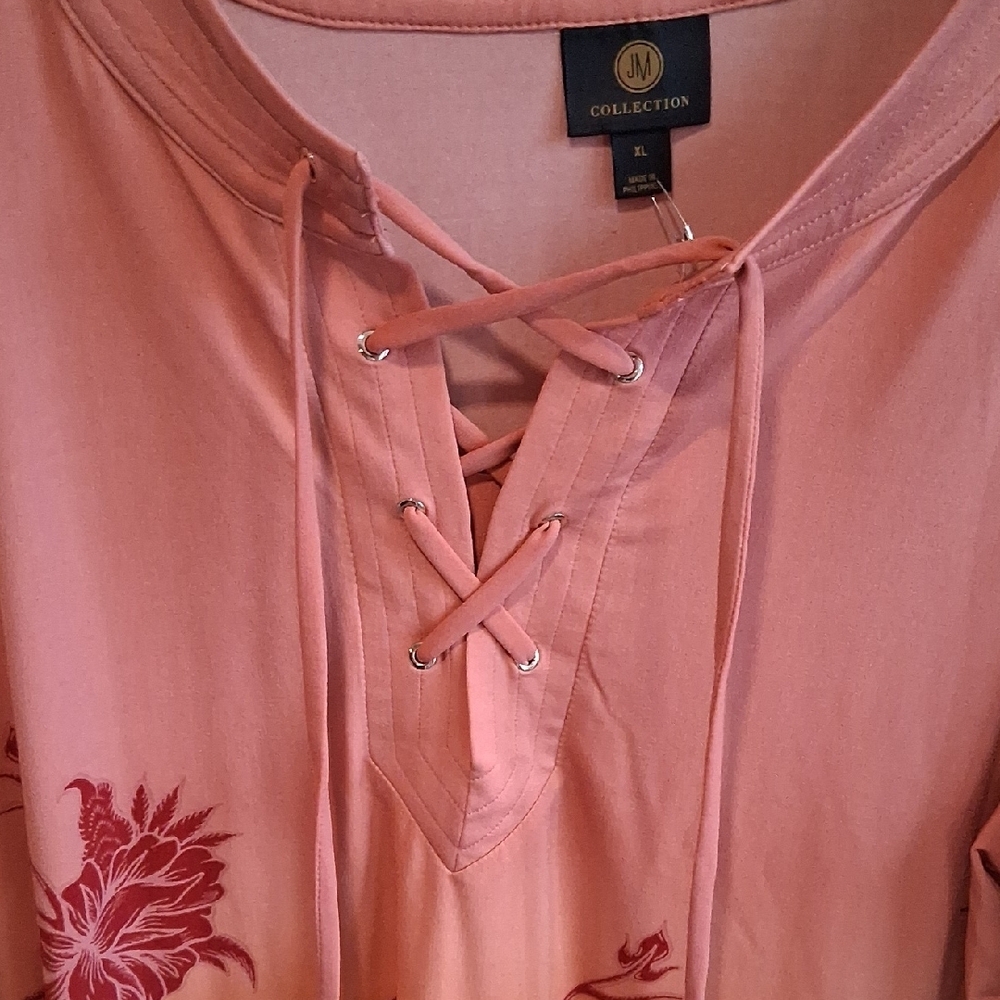 J.m. Collection  Coral to Yellow Floral Lace-Up Tunic - Picture 2 of 5